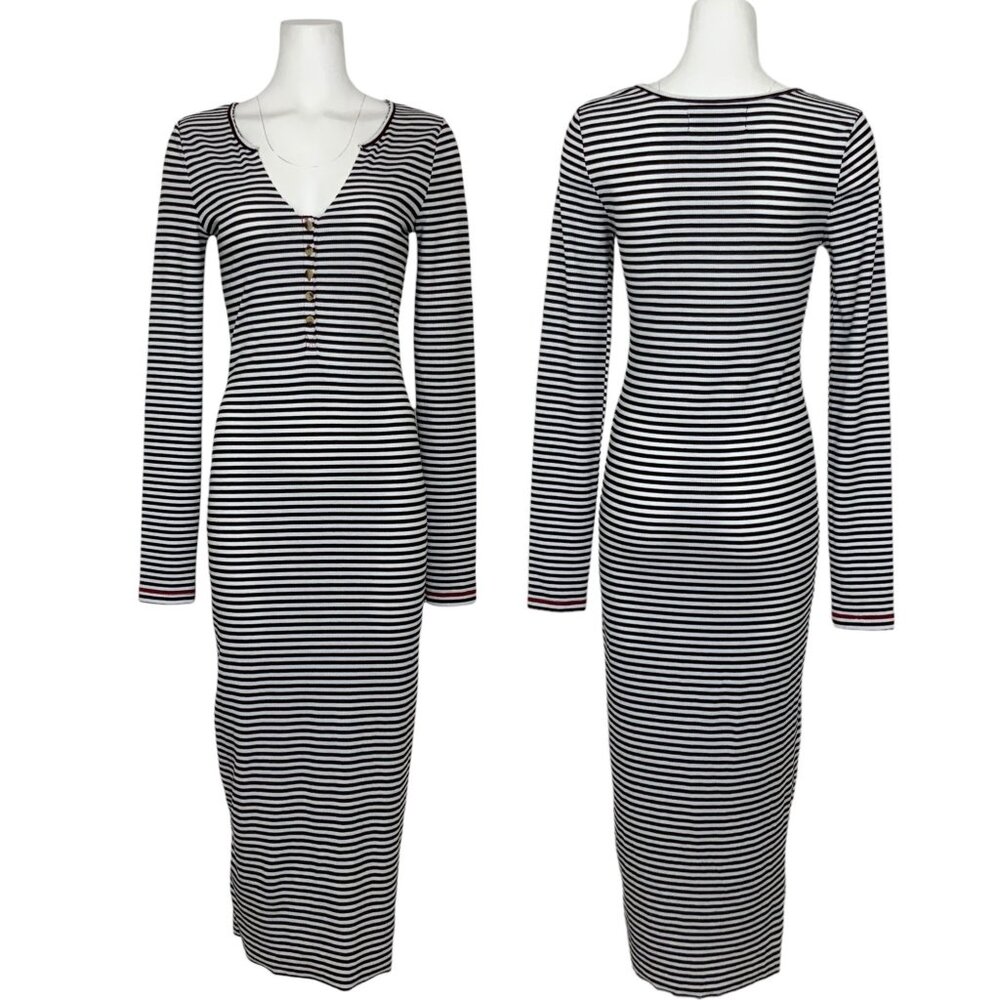 Free People Black and White Striped Long Sleeve Midi Dress